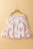White Floral Print Shirred Off Shoulder Ruffled Sleeve Blouse