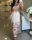 Floral Print Square Neck Vacation Maxi Dress Casual Shirred Slit A Line Dress