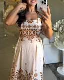 Floral Print Square Neck Vacation Maxi Dress Casual Shirred Slit A Line Dress
