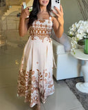 Floral Print Square Neck Vacation Maxi Dress Casual Shirred Slit A Line Dress