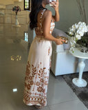 Floral Print Square Neck Vacation Maxi Dress Casual Shirred Slit A Line Dress