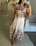 Floral Print Square Neck Vacation Maxi Dress Casual Shirred Slit A Line Dress