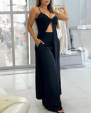 2 Pieces Outfit Spaghetti Strap V Neck Hollow out Long Tank and Casual Pocket Design Pants Set