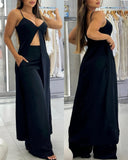 2 Pieces Outfit Spaghetti Strap V Neck Hollow out Long Tank and Casual Pocket Design Pants Set
