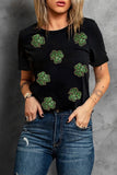 Black Sequin Leopard Clover Graphic Crewneck St Patrick Tee