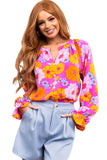 Rose Floral Print Flounce Sleeve Notched Neck Blouse