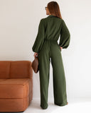 Puff Sleeve Plunge V Neck Criss Cross Tied Detail Jumpsuit Casual Elastic Waist Wide Leg Romper