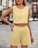 2 Pieces Summer Outfits Eyelet Embroidery Round Neck Sleeveless Tank and Casual Pocket Design Shorts Set
