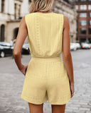2 Pieces Summer Outfits Eyelet Embroidery Round Neck Sleeveless Tank and Casual Pocket Design Shorts Set