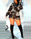 Chain Pattern Cowl Neck Back Hollow Out Romper Casual Lantern Sleeve Waist Short Jumpsuit