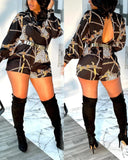 Chain Pattern Cowl Neck Back Hollow Out Romper Casual Lantern Sleeve Waist Short Jumpsuit