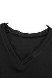 Black Ribbed Texture Lace Trim V Neck Long Sleeve Top