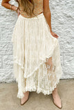 Beige Lace Cascading Tiered High Waist Maxi Skirt