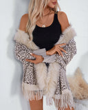 Leopard Pattern Batwing Sleeve Fluffy Detail Tassel Design Cape Cardigan