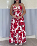 Tropical Print Spaghetti Strap Waist Hollow Out Maxi Dress Sexy A Line Ruffle Hem Dress