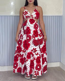 Tropical Print Spaghetti Strap Waist Hollow Out Maxi Dress Sexy A Line Ruffle Hem Dress