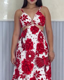 Tropical Print Spaghetti Strap Waist Hollow Out Maxi Dress Sexy A Line Ruffle Hem Dress