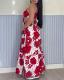 Tropical Print Spaghetti Strap Waist Hollow Out Maxi Dress Sexy A Line Ruffle Hem Dress