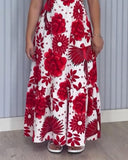 Tropical Print Spaghetti Strap Waist Hollow Out Maxi Dress Sexy A Line Ruffle Hem Dress