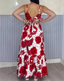 Tropical Print Spaghetti Strap Waist Hollow Out Maxi Dress Sexy A Line Ruffle Hem Dress
