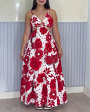 Tropical Print Spaghetti Strap Waist Hollow Out Maxi Dress Sexy A Line Ruffle Hem Dress