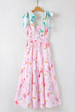 Pink Floral Print Knotted Shoulder Smocked Maxi Dress