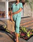 Round Neck Short Sleeve Pocket Design Jumpsuit Casual Loose Fit Harem Capris Romper
