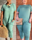Round Neck Short Sleeve Pocket Design Jumpsuit Casual Loose Fit Harem Capris Romper