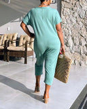 Round Neck Short Sleeve Pocket Design Jumpsuit Casual Loose Fit Harem Capris Romper