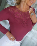 Contrast Lace Long Sleeve Round Neck Slim Fit Tee Casual Top