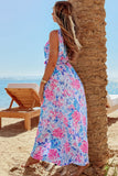 Sky Blue Floral Printed Sleeveless O Neck Knot Waist Maxi Dress