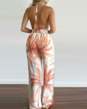 Tropical Print Halter Backless Side Slit Jumpsuit