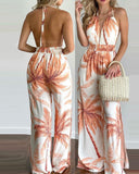 Tropical Print Halter Backless Side Slit Jumpsuit