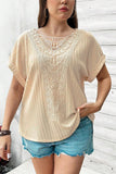 Beige Lace Crochet Patched Cable Textured Cuffed Short Sleeve Plus Size Top