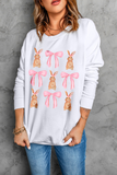 White Easter Bunny Bow Print Round Neck Pullover Sweatshirt