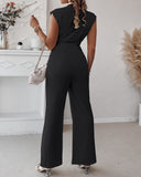 Sleeveless Wide Leg Jumpsuit High Waist Belted Elegant One Piece Outfit