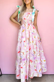 Pink Floral Print Knotted Shoulder Smocked Maxi Dress