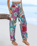 Tribal Print Shirred High Waist Cinched Hem Long Pants Vacation Pants with Pocket