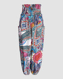 Tribal Print Shirred High Waist Cinched Hem Long Pants Vacation Pants with Pocket