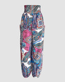 Tribal Print Shirred High Waist Cinched Hem Long Pants Vacation Pants with Pocket