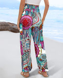 Tribal Print Shirred High Waist Cinched Hem Long Pants Vacation Pants with Pocket