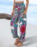Tribal Print Shirred High Waist Cinched Hem Long Pants Vacation Pants with Pocket