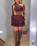 Solid Double Layer Ruffle Hem Skirt High Waist Zipper Side Mini Skirt
