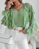 V Neck Shoulder Asymmetrical Ruffles Blouse Casual Button Front Long Sleeve Top