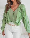 V Neck Shoulder Asymmetrical Ruffles Blouse Casual Button Front Long Sleeve Top