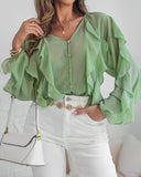 V Neck Shoulder Asymmetrical Ruffles Blouse Casual Button Front Long Sleeve Top