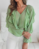 V Neck Shoulder Asymmetrical Ruffles Blouse Casual Button Front Long Sleeve Top
