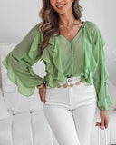 V Neck Shoulder Asymmetrical Ruffles Blouse Casual Button Front Long Sleeve Top