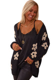 Black Floral Print Knitted Open Front Loose Cardigan