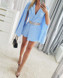 Notched Collar Long Sleeve Blazer Romper Casual Cloak Slim Fit Short Jumpsuit with Belt